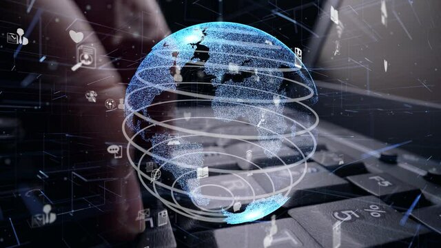 Man working on computer keyboard with graphic of internet network modernization showing concept of 5G wireless connection and social media .