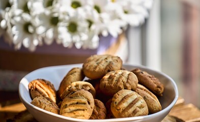 Homemade cookies with nuts, wood background, selective focus. High quality photo