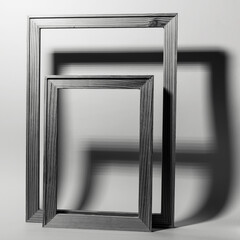 Close-up of two wooden frames with shadows on grey background. Black and white photo.