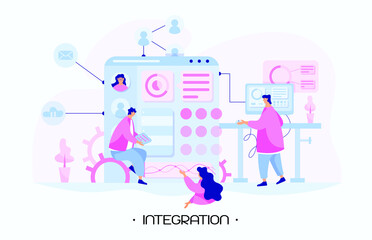 People team integration cloud database in their web interface and programming software code. Girl analyzes dashboard statistics and update information on web service. Flat people vector illustration.