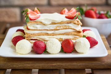 Homemade meringue Keto cake with strawberries. High quality photo
