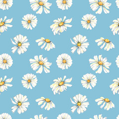 Watercolor daisy seamless pattern. Boho floral and leaves, naive style, Tender boho pattern for nursery, hone decor, wallpaper, apparel, kids fashion