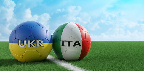 Leather balls in Ukraine and Italy national colors on a soccer field. Copy space on the right side - 3D Rendering 