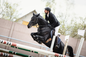 close up portrait of black mare horse and adult man rider jumping during equestrian show jumping competition in daytime in spring