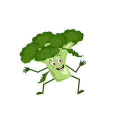 Cute broccoli character with joy emotions, smiling face, happy eyes, arms and legs. A mischievous green vegetable hero with eyes
