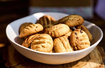 Homemade cookies with nuts, wood background, selective focus. High quality photo