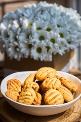 Homemade cookies with nuts, wood background, selective focus. High quality photo