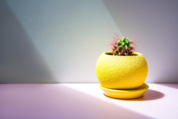 A yellow vase with a cactus stands on the table.