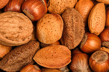 A heap of mixed nuts. Almonds, walnuts and hazelnuts.