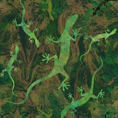 Dull seamless pattern with silhouettes of lizards on a textured background.