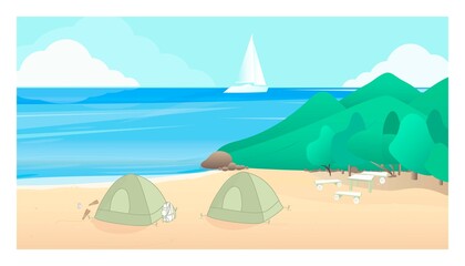 Fototapeta premium Illustration of a camping site with tents on the beach, ocean on the background of mountains. Background with a summer camp for vacation. Suitable for page design, web design, banner design, wallpaper