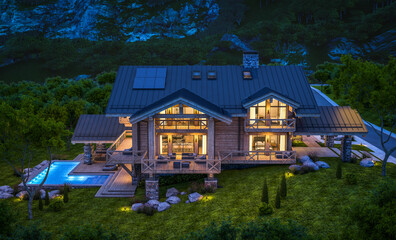Fototapeta na wymiar 3d rendering of modern cozy chalet with pool and parking for sale or rent. Massive timber beams columns. Beautiful forest mountains on background. Clear summer night with many stars on the sky.