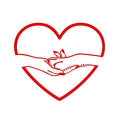 Vector red heart shape with woman hand holding dog paw drawing outline silhouette illustration.Pet.Puppy.Best friend.Vinyl wall sticker,Tattoo,T shirt print, laser plotter cutting.I love dogs symbol .