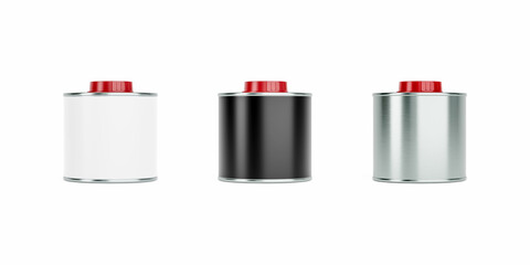 500ml tin cans with red plastic caps, blank black and white labels. 
