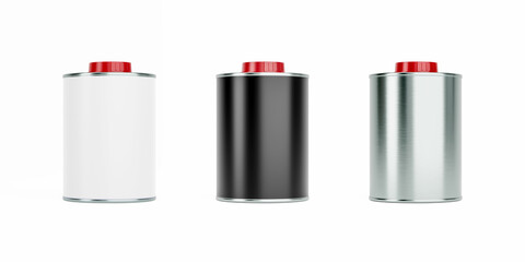 750ml tin cans with red plastic caps, blank black and white labels. 