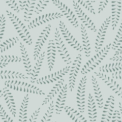 Vector abstract doodle leaves print seamless pattern background. Hand drawn repeat textures in green gray colors. Surface pattern design for greeting card, wrapping, wallpaper.