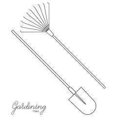 Gardening tools spade and lawn rake outline simple minimalistic flat design vector illustration isolated on white background