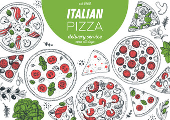 Italian Pizza. Top view. Design template. Pizza sketch. Hand drawn vector illustration. Different pizza. Packaging or menu. Black and white