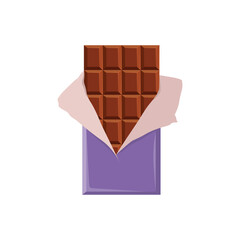Chocolate bar isolated on white background. Cacao yummy snack. Vector illustration.