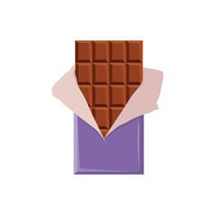 Chocolate bar isolated on white background. Cacao yummy snack. Vector illustration.