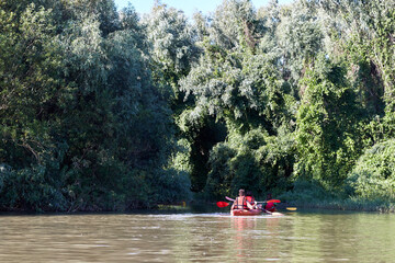 Back view on people rowing in kayak near trees at spring on river or lake. Kayaking in wilderness areas in summer
