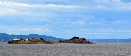 Oslofjord. View of the North Sea from Ferry from Horten to Moss connects Ostfold and Vestfold in Norway. Ferry crossing Oslofjord