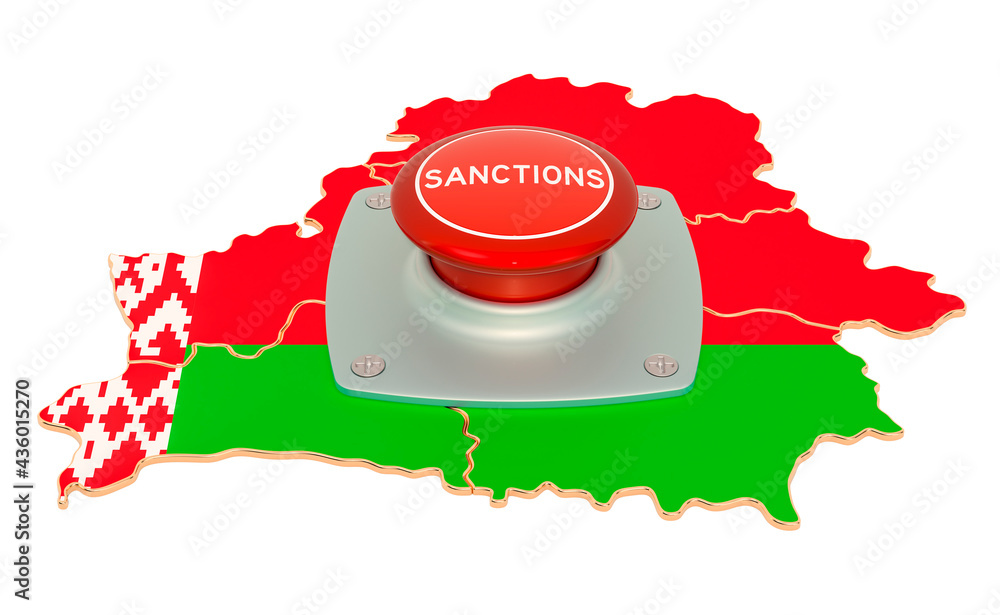 Poster sanctions against belarus concept sanctions button on belarusian map. 3d rendering
