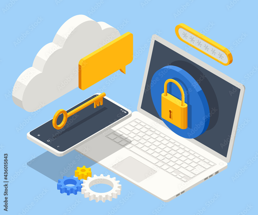 Poster isometric data security system. cyber security and privacy. traffic encryption, vpn, privacy protect