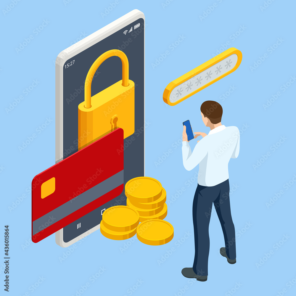 Poster isometric data security system. cyber security and privacy. traffic encryption, vpn, privacy protect