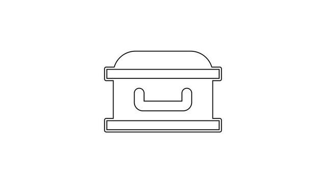 Black line Coffin with christian cross icon isolated on white background. Happy Halloween party. 4K Video motion graphic animation