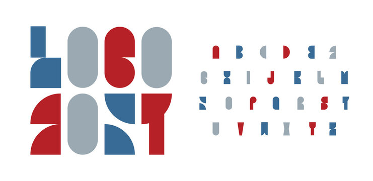 Geometric bauhaus font modular color alphabet. Rounded cube type for modern logo, headline, monogram, creative lettering, typography, packaging, identity and branding. Vector typographic design