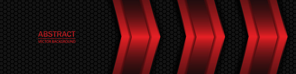 Red arrow shapes, stripes and lines on a dark hexagonal carbon fiber background. Geometric shapes on a hexagonal red grid.