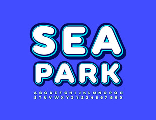 Vector blue sign Sea Park with trendy Font. Set of stylish Alphabet Letters and Numbers