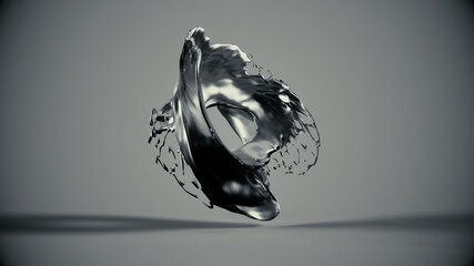 3D Spritzer flüssiges silbernes Metall - rund - solo - schwarz-weiß | 3D Render Illustration