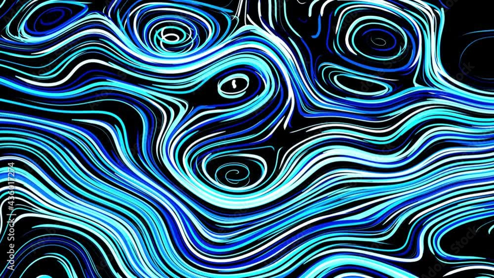 Poster abstract creative looped bg with curled lines like blue trails on surface. lines form swirling patte