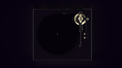 LP Player / Retro Plattenspieler mit Messing Elementen von oben vor dunklem Hintergrund | 3D Render Illustration