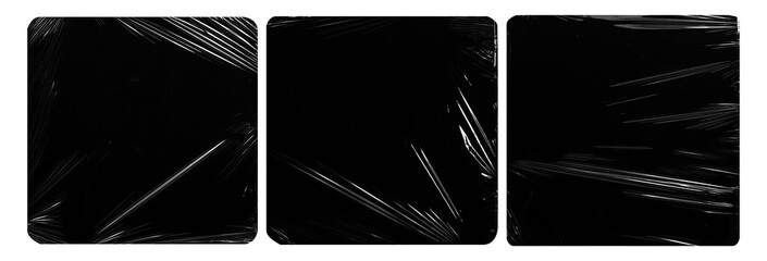 collection set of plastic wrap texture for overlay. wrinkled stretched plastic effect. transparent plastic wrap on black background. - obrazy, fototapety, plakaty