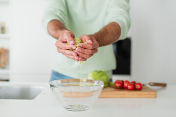 cropped view of blurred man preparing fresh vegetable salad in kitchen