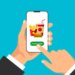 Hand holds smartphone and orders food online. Food ordering and delivery. Front view. Vector illustration in trendy flat style.