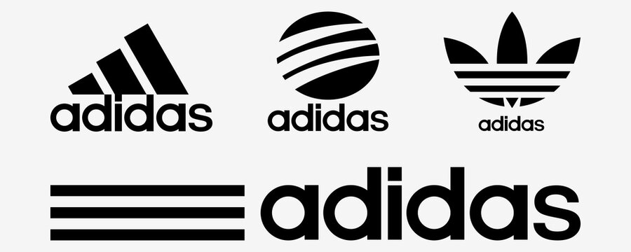 Adidas logo collection. Editorial Adidas logotype set. Different style of logo in black. Rivne, Ukraine - May 27, 2021