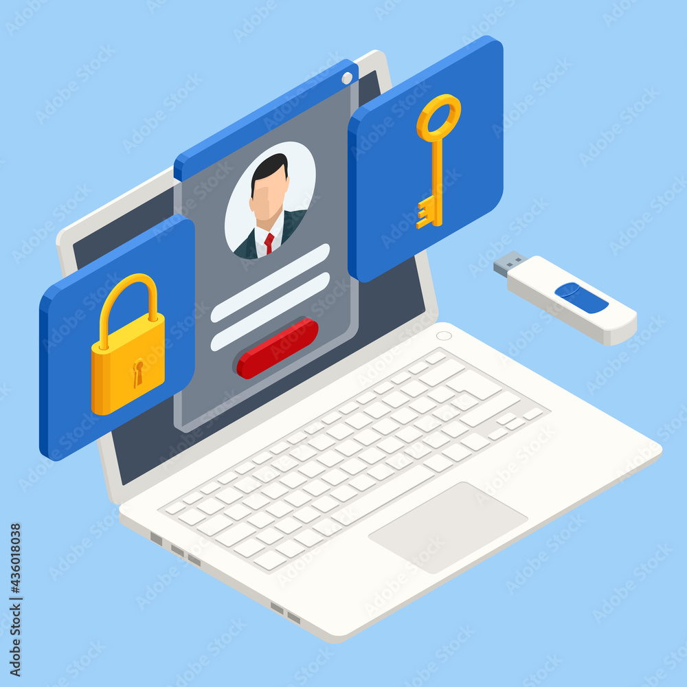 Poster isometric data security system. cyber security and privacy. traffic encryption, vpn, privacy protect