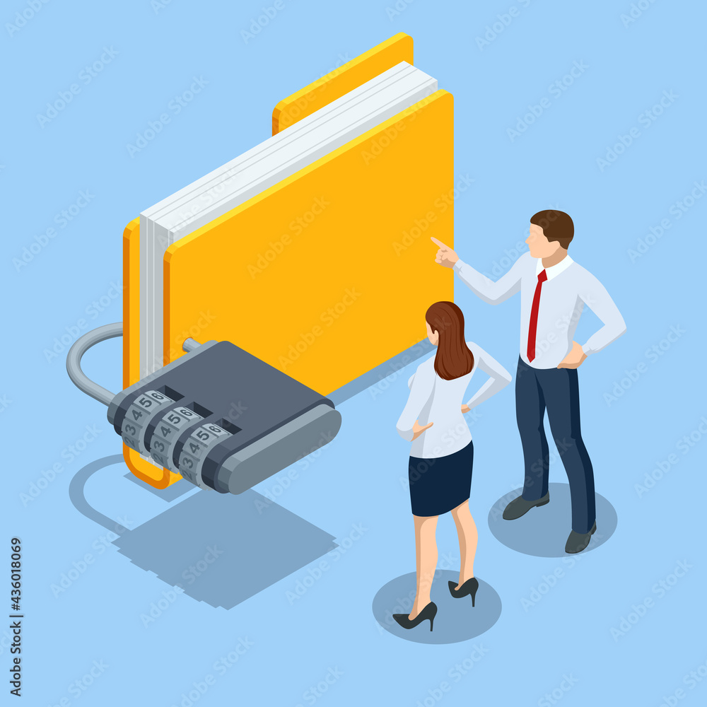 Poster isometric data security system. cyber security and privacy. traffic encryption, vpn, privacy protect