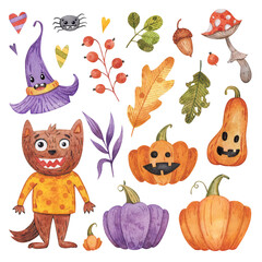 Naklejka premium Watercolor Halloween illustration isolated on white background. Werewolf, pumpkin, mushroom, oak leaf, acorn, berries, witch's hat, spider.