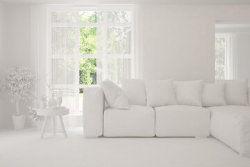 Mock up of stylish room in white color with sofa and green landscape in window. Scandinavian interior design. 3D illustration
