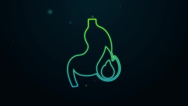 Glowing neon line Stomach heartburn icon isolated on black background. Stomach burn. Gastritis and acid reflux, indigestion and stomach pain problems. 4K Video motion graphic animation