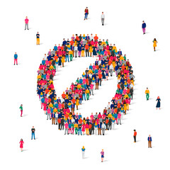 A large group of people is standing in a round Stop sign, travel is prohibited. Sign Forbidden from people.