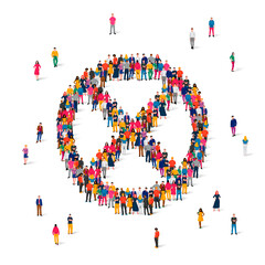 A large group of people is standing in a round Stop sign, travel is prohibited. Forbidden sign, cross in a circle of people.