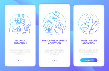 Addiction types onboarding mobile app page screen with concepts. Drugs addiction walkthrough 3 steps graphic instructions. UI, UX, GUI vector template with linear color illustrations
