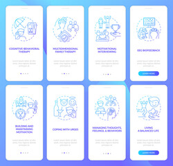Fototapeta premium Rehabilitation onboarding mobile app page screen with concepts set. New addiction types walkthrough 5 steps graphic instructions. UI, UX, GUI vector template with linear color illustrations