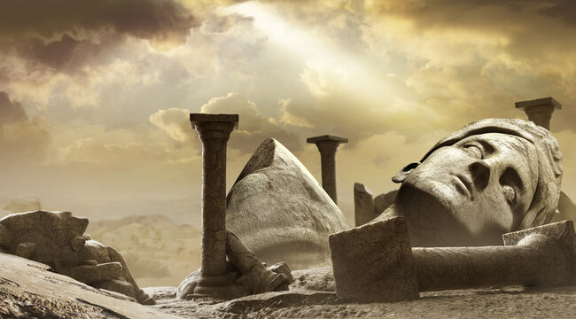 3d render background illustration of ancient greek temple ruins with female goddess statue with clouds and sun ray.